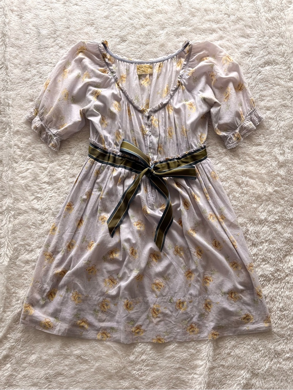 FINAL PRICE Free People 4 Vintage Floral Puff Sleeve Mini Dress with Ribbon Tie